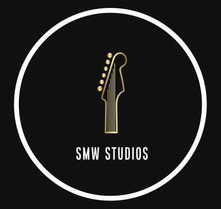 SMW Studios Logo with a white circle on a dark background. The Logo shows the head of an electric guitar. SMW Studios is written underneath