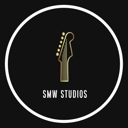 SMW Studios Logo with a white circle on a dark background. The Logo shows the head of an electric guitar. SMW Studios is written underneath